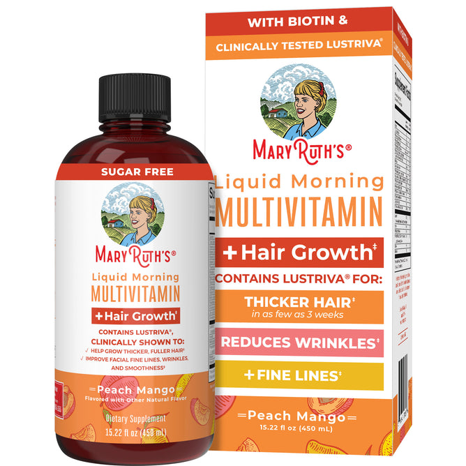 MaryRuth's Morning Multivitamin + Hair Growth Liquid, 15.22 oz, in Peach Mango flavor supports hair growth and skin health. Bold orange and white packaging features a woman's profile with benefits like thicker hair and fewer wrinkles.