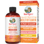 MaryRuth's Morning Multivitamin + Hair Growth Liquid, 15.22 oz, in Peach Mango flavor supports hair growth and skin health. Bold orange and white packaging features a woman's profile with benefits like thicker hair and fewer wrinkles.