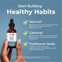 A hand holds a bottle of MaryRuth’s Kava Drops. Text highlights calming, relaxing benefits from traditional herbs. Blue background with bold “Healthy Habits” headline.