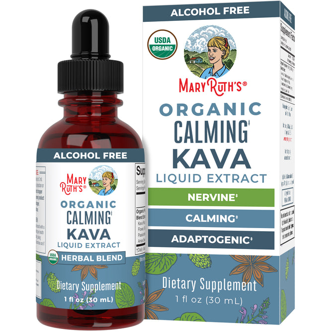 A bottle and box of MaryRuth's Kava Drops, a USDA organic, alcohol-free herbal supplement for relaxation, with a dropper and colorful floral design.