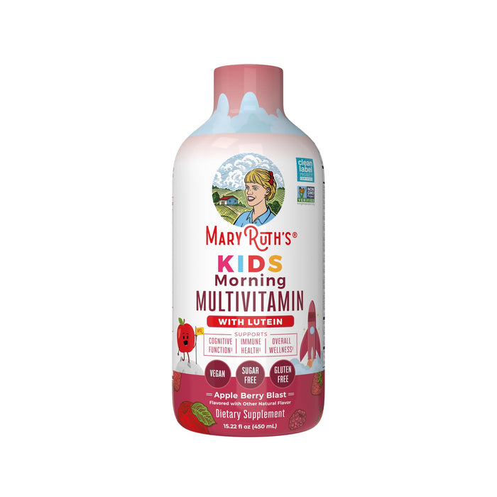 MaryRuth’s Kids Morning Multivitamin Liquid for immune support in Apple Berry Blast flavor, featuring cartoon graphics of an apple and a rocket ship on the label.
