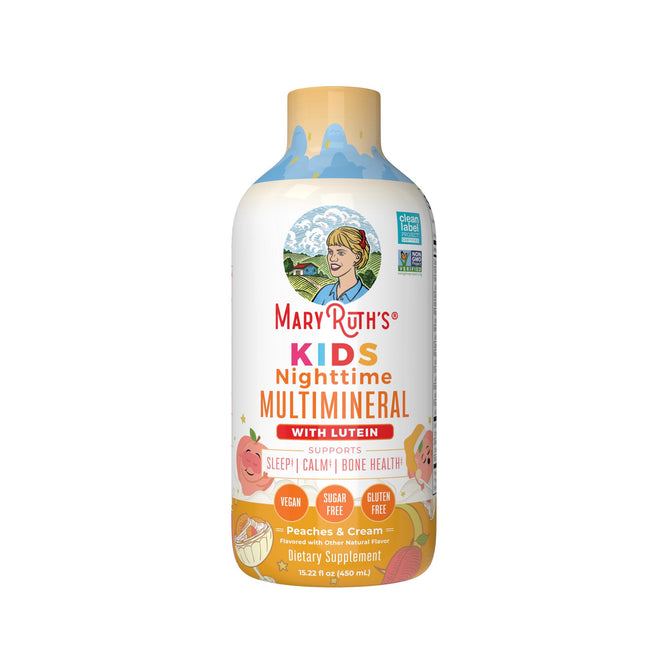 MaryRuth’s Kids Nighttime Multimineral Liquid is a sugar-free, vegan, gluten-free bedtime supplement in peaches & cream flavor with lutein, supporting sleep, calm, and bone health.