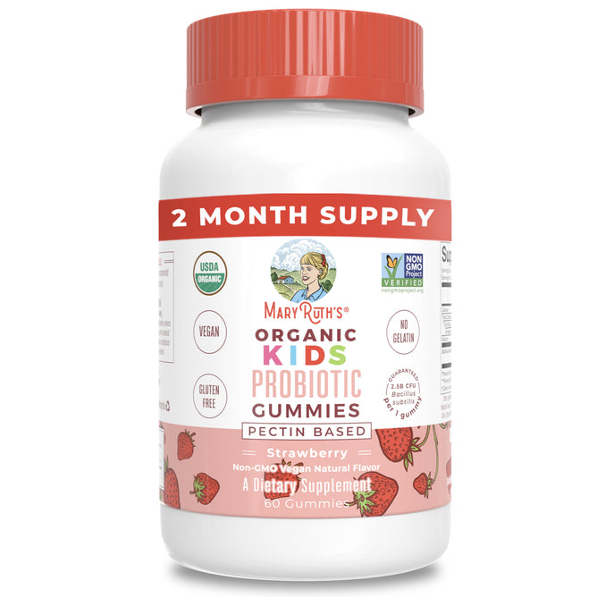 A white bottle of MaryRuths Kids Probiotic Gummies, Strawberry, 60 ct, with a pink label and red cap, features strawberry images and highlights digestive health support. Its USDA Organic, Vegan, Gluten Free, No Gelatin—a 2 Month Supply.