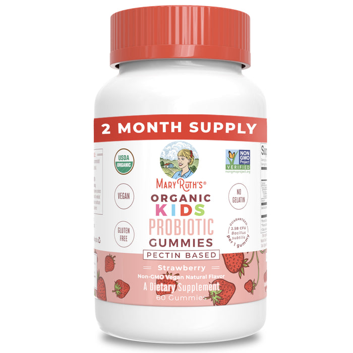 A white bottle of MaryRuths Kids Probiotic Gummies, Strawberry, 60 ct, with a pink label and red cap, features strawberry images and highlights digestive health support. Its USDA Organic, Vegan, Gluten Free, No Gelatin—a 2 Month Supply.
