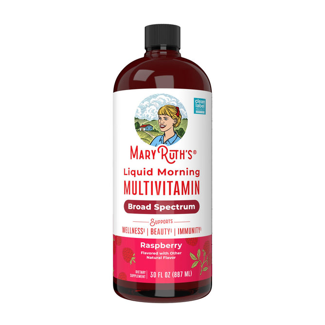 MaryRuth’s Morning Multivitamin Liquid, Raspberry, 30 oz features a white label with a woman’s illustration and raspberries—a tasty vegan multivitamin ideal for all.