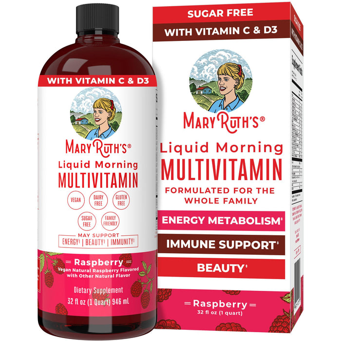 MaryRuths Liquid Morning Multivitamin, raspberry, in bottle and box. Labels highlight vitamins C & D3, sugar-free formula for energy metabolism, immune support, beauty, and benefits for all ages.