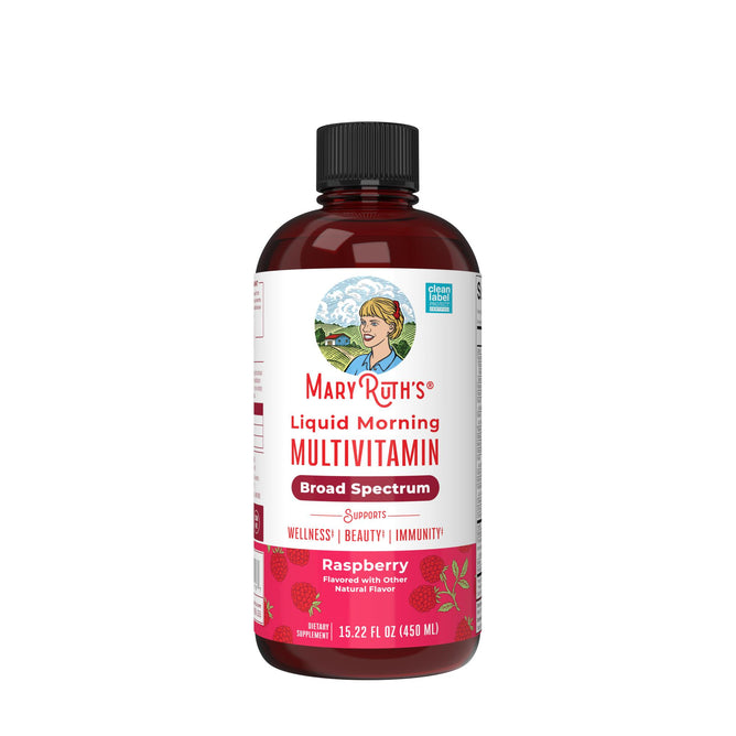 MaryRuth's Morning Multivitamin Liquid, a 15.22 fl oz (450 ml) dietary supplement, features a black cap and vibrant red label. Raspberry-flavored, it provides essential vitamins for wellness, beauty, and immunity.