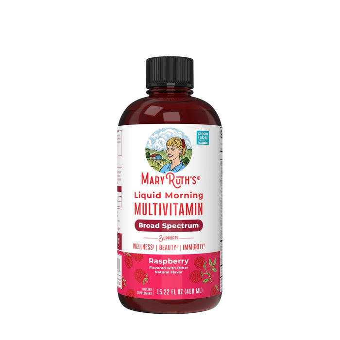 MaryRuth's Morning Multivitamin Liquid, a 15.22 fl oz (450 ml) dietary supplement, features a black cap and vibrant red label. Raspberry-flavored, it provides essential vitamins for wellness, beauty, and immunity.