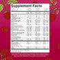 The Supplement Facts label for MaryRuth’s Morning Multivitamin Liquid appears on a pink background with red raspberry illustrations, showing essential vitamins and minerals, serving sizes, and daily values for all age groups.