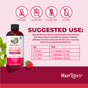 A bottle of MaryRuth's Morning Multivitamin Liquid, a raspberry-flavored supplement rich in essential vitamins. Icons indicate it's non-GMO, sugar-free, gluten-free, and nut-free. Includes dosage chart by age and a raspberry illustration.
