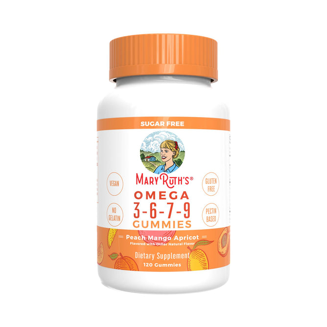 MaryRuths Omega 3-6-7-9 Gummies, Peach Mango & Apricot, 120 ct, are sugar free, gluten free, and vegan gummies with an orange cap and peach, mango & apricot flavors.