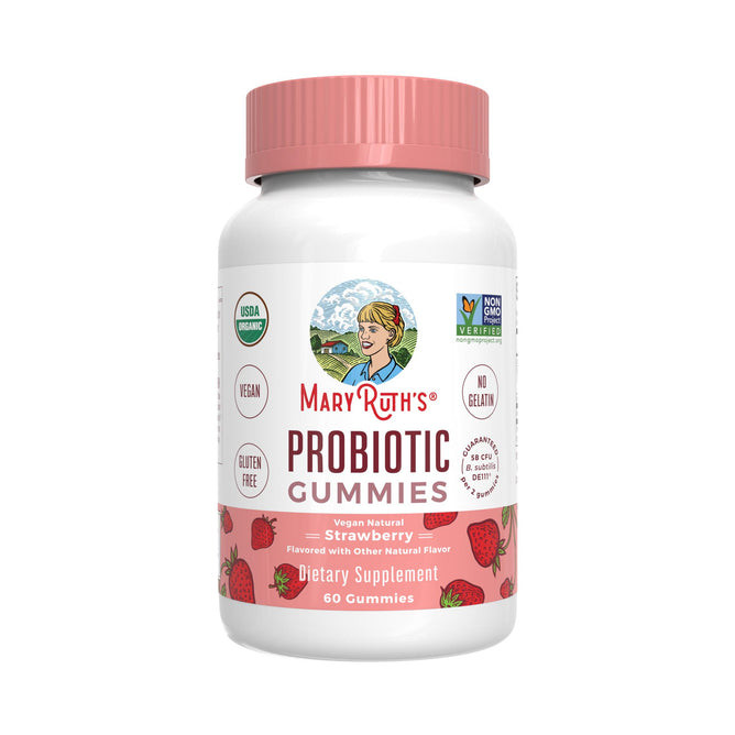MaryRuths Adult Probiotic Gummies, Strawberry, 60 ct come in a white bottle with a pink cap and label showing strawberries, product details, and certification icons such as USDA Organic, Vegan, Gluten Free, and Non-GMO Project Verified.