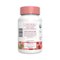 Back view of MaryRuths Adult Probiotic Gummies, Strawberry, 60 ct bottle with pink lid. The label features strawberries and details this vegan, gluten free, organic probiotic’s suggested use and safety info for gut health support.