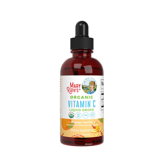 A 4 oz brown glass bottle of MaryRuths Adult Vitamin C Drops in Orange Vanilla flavor, featuring a black dropper cap and a vibrant label with orange and vanilla graphics.