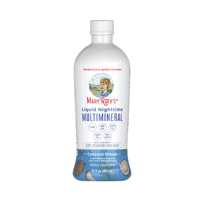 MaryRuth’s Liquid Nighttime Multimineral, Coconut Dream flavor, 30 fl oz, features a white and blue label with a woman’s illustration—ideal for your nightly routine and rich in essential minerals.
