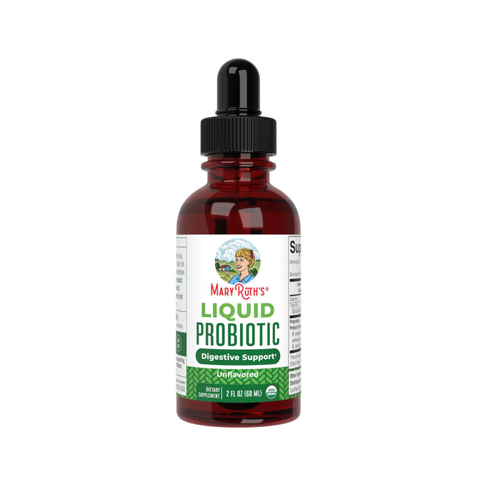 A brown glass bottle of MaryRuth’s Probiotic Drops, Unflavored, Org, 2 oz with dropper lid and green-white label—formulated to support gut health.