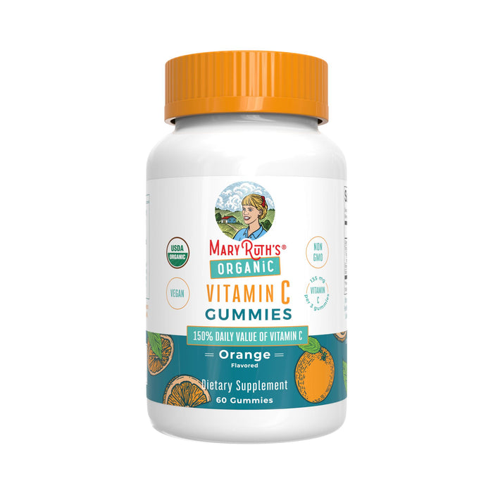 MaryRuth’s Organic Vitamin C Gummies, 60 ct, come in a white bottle with an orange cap and display USDA Organic, Vegan, and Non-GMO labels. These orange-flavored gummies are antioxidant-rich dietary supplements.