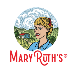 Illustration of a smiling woman with blonde hair and a red bow, standing in front of a farmhouse and green fields. The logo text below reads MaryRuths in red letters.