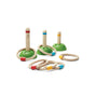 The PlanToys Wooden Meadow Ring Toss Action Game features three green-based stands with colorful stripes and six matching rope rings, encouraging sustainable active play. Set is displayed on a plain white background.