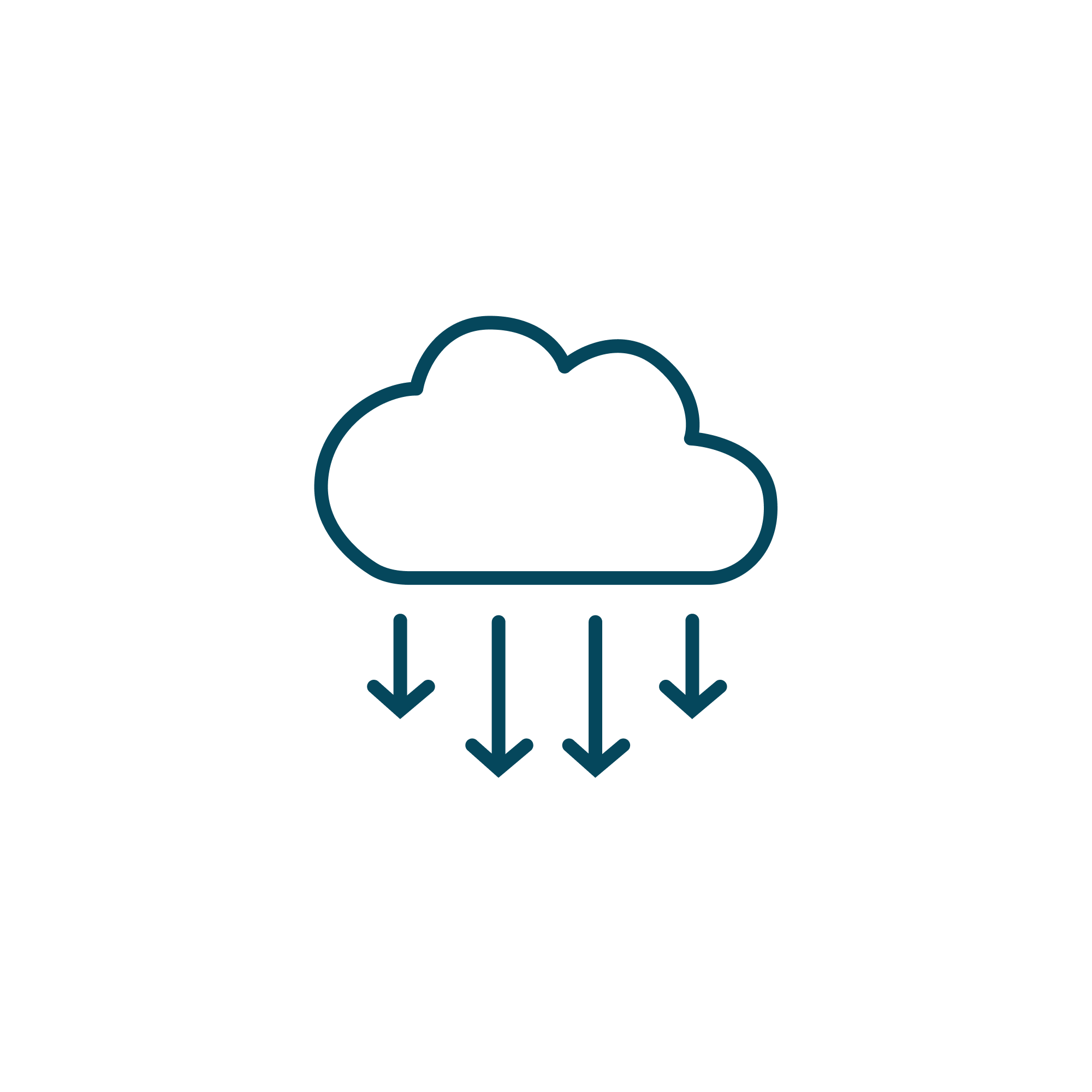 Simple cloud icon with five downward arrows below it, representing cloud downloading or data transfer from the cloud, on a white circular background.