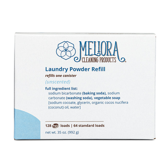 A white and blue box of Meliora Laundry Powder Refill, plastic-free and unscented, MADE SAFE Certified, with ingredient list and details for 128 HE or 64 standard loads; net weight 35 oz (992 g).