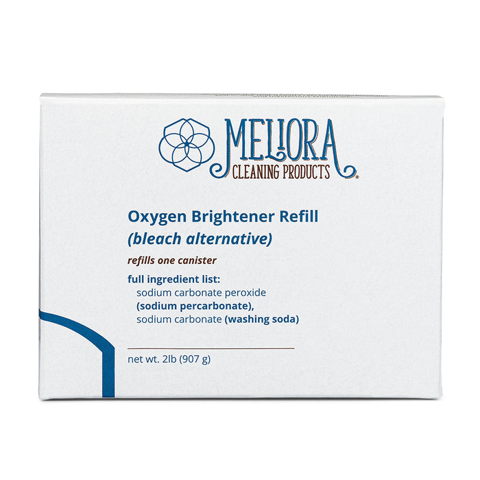 A white box labeled "Oxygen Brightener Refill" by Meliora, an eco-friendly laundry booster and bleach alternative. Highlights ingredients, refills one canister. Net weight: 2 lb (907 g).