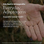A hand holds a brown capsule against a blurred grassy background. Overlaid text promotes True Grace One Daily Mens Multivitamin, highlighting its adaptogen support and benefits from chelated and fermented minerals.