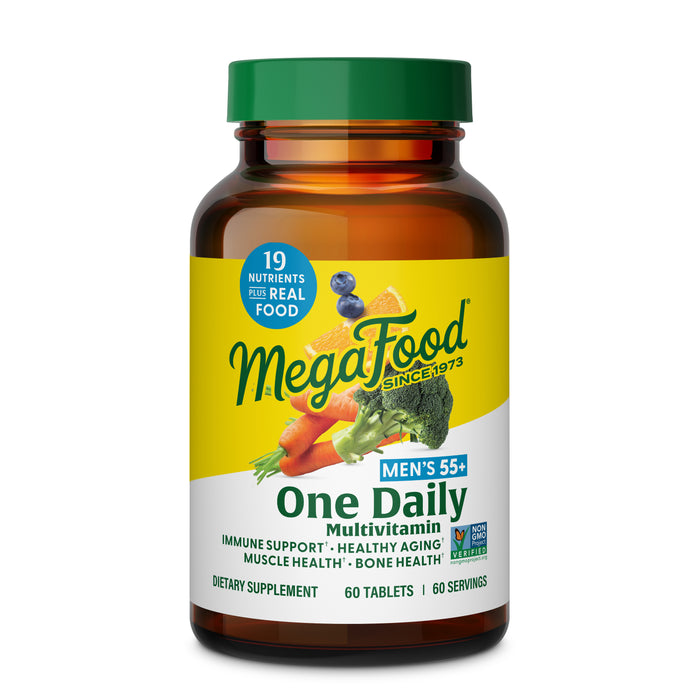 A bottle of MegaFood Men's 55+ One Daily multivitamin contains 60 tablets and provides daily support for immune health and healthy aging in men over 55, with imagery of broccoli, carrot, and blueberries on the label.