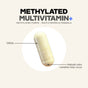 A beige capsule labeled Codeage Methylated Multivitamin+ Capsules, measuring 0.90 inches in size, with a note indicating that natural color variation may occur. This methylated multivitamin includes essential nutrients such as methylfolate and vitamin B12 to support your daily wellness needs.