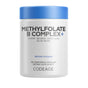 A white bottle with a blue lid labeled “Methylfolate B Complex+ Capsules” by Codeage, containing 120 vegetable capsules and featuring methylated B complex vitamins such as B2, B6, B9, and B12.