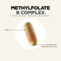 A clear Codeage Methylfolate B Complex+ Capsule, filled with a blend of beige and yellow methylated vitamin powders. The capsule measures 0.78 inches in length, and natural color variation may occur.