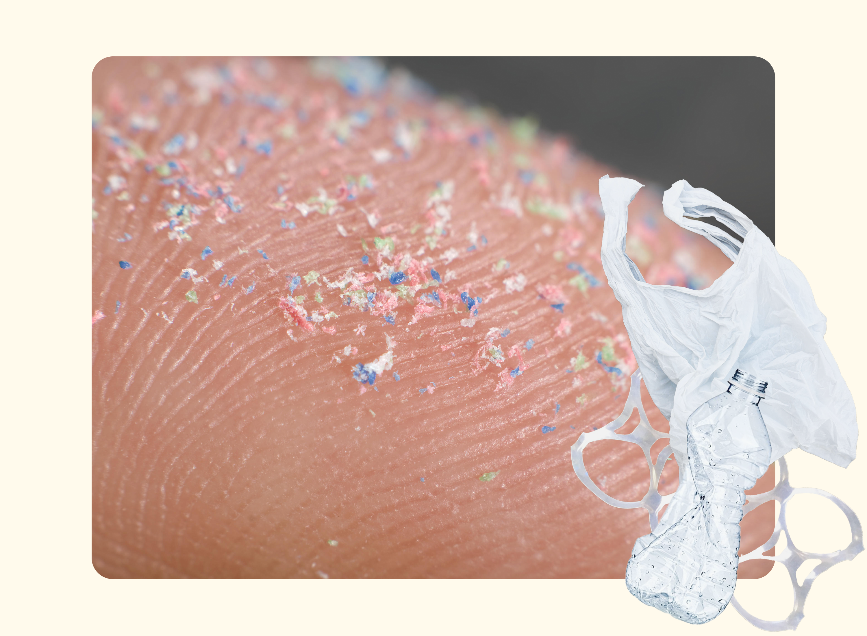 A close-up of a human fingertip with colorful microplastic particles on the skin, and images of a plastic bag, bottle, and six-pack ring layered in the corner, highlighting plastic pollution.