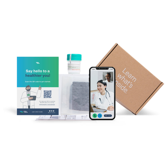 The Million Marker Test Kit for Plastic Chemical Exposure and Fertility includes instructions, a sample container, a mailer, and a brown box labeled “Learn what’s inside,” along with access to video consultations with a doctor—all designed to help you test for hormone-disrupting chemicals.