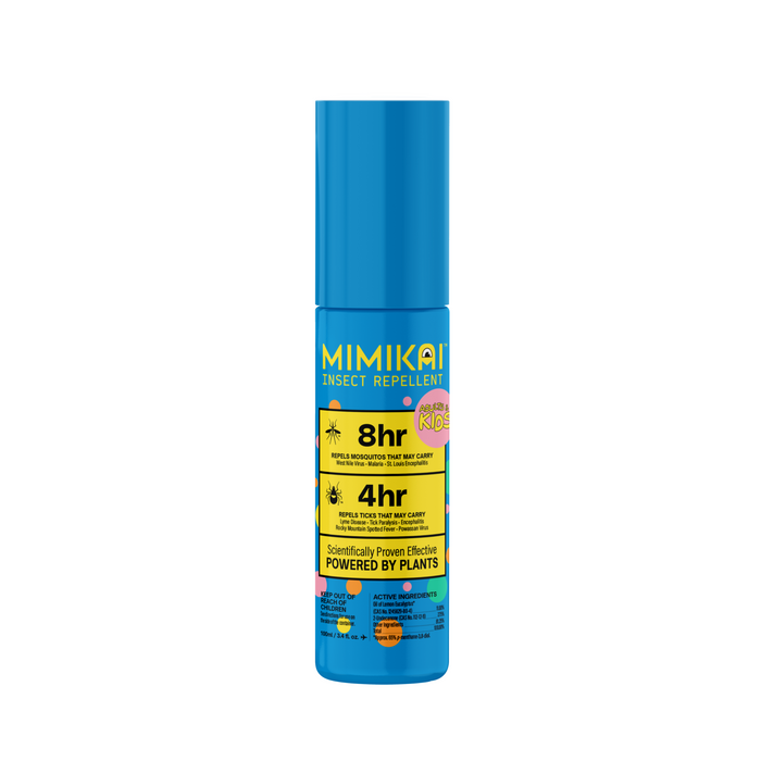 A blue bottle of MIMIKAI Kids Mosquito & Tick Repellent Spray offers 8-hour mosquito and 4-hour tick protection with plant-based Undecanone, and is scientifically proven.