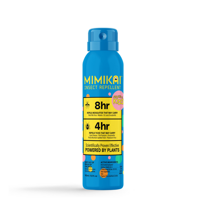 A blue spray can of MIMIKAI Kids Mosquito & Tick Repellent Mist with a yellow label states 8hr repels mosquitoes, 4hr repels ticks, and Scientifically Proven Effective; powered by plants and Undecanone.