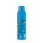 A blue MIMIKAI Kids Mosquito & Tick Repellent Mist bottle with a blue cap is shown from the back, featuring colorful dots and small black label text. The design hints at a biomimicry-inspired repellent, though the text isnt clearly readable.