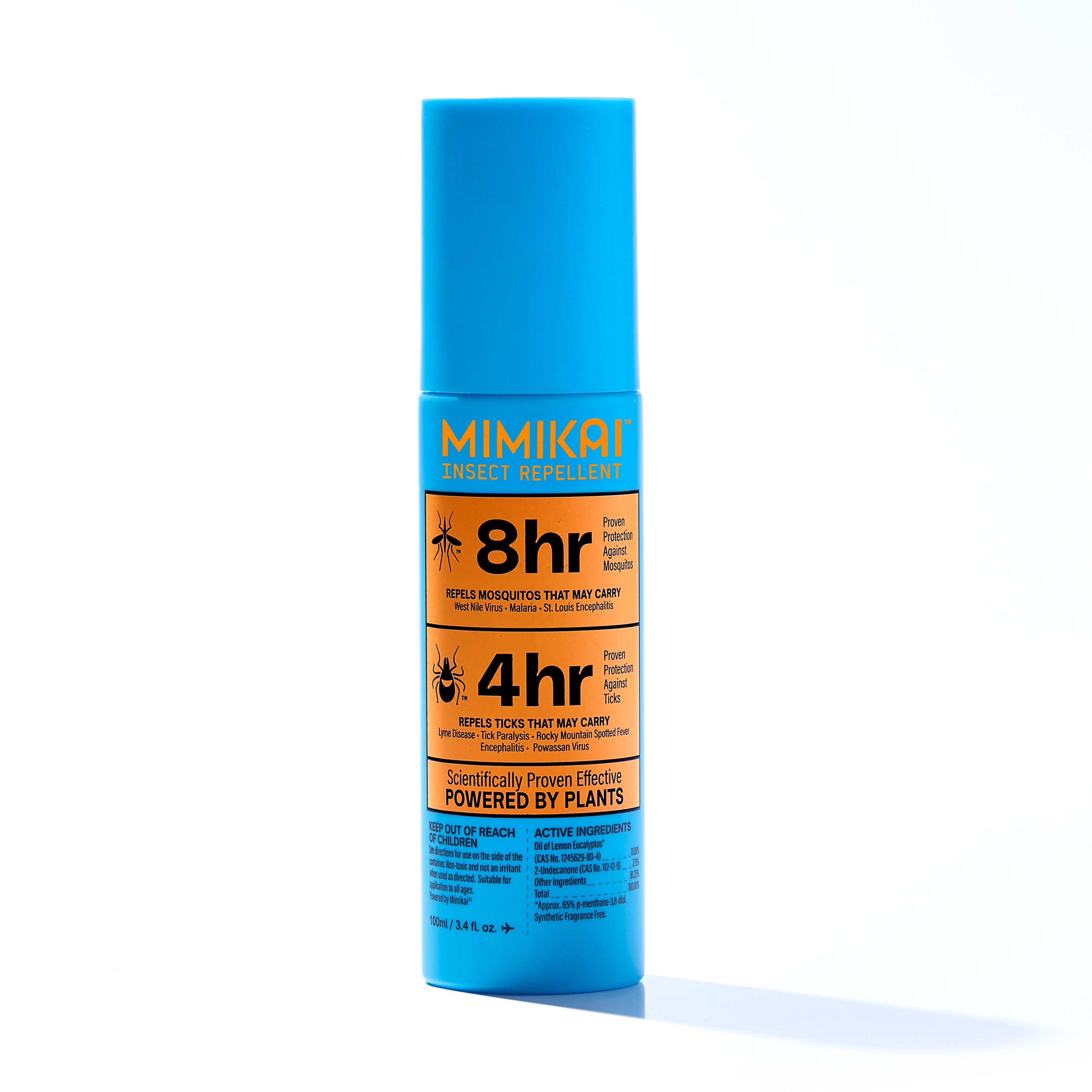 A blue bottle of MIMIKAI Mosquito & Tick Repellent Spray with an orange label offers 8-hour mosquito and 4-hour tick protection, and features plant-based, scientifically proven effectiveness.