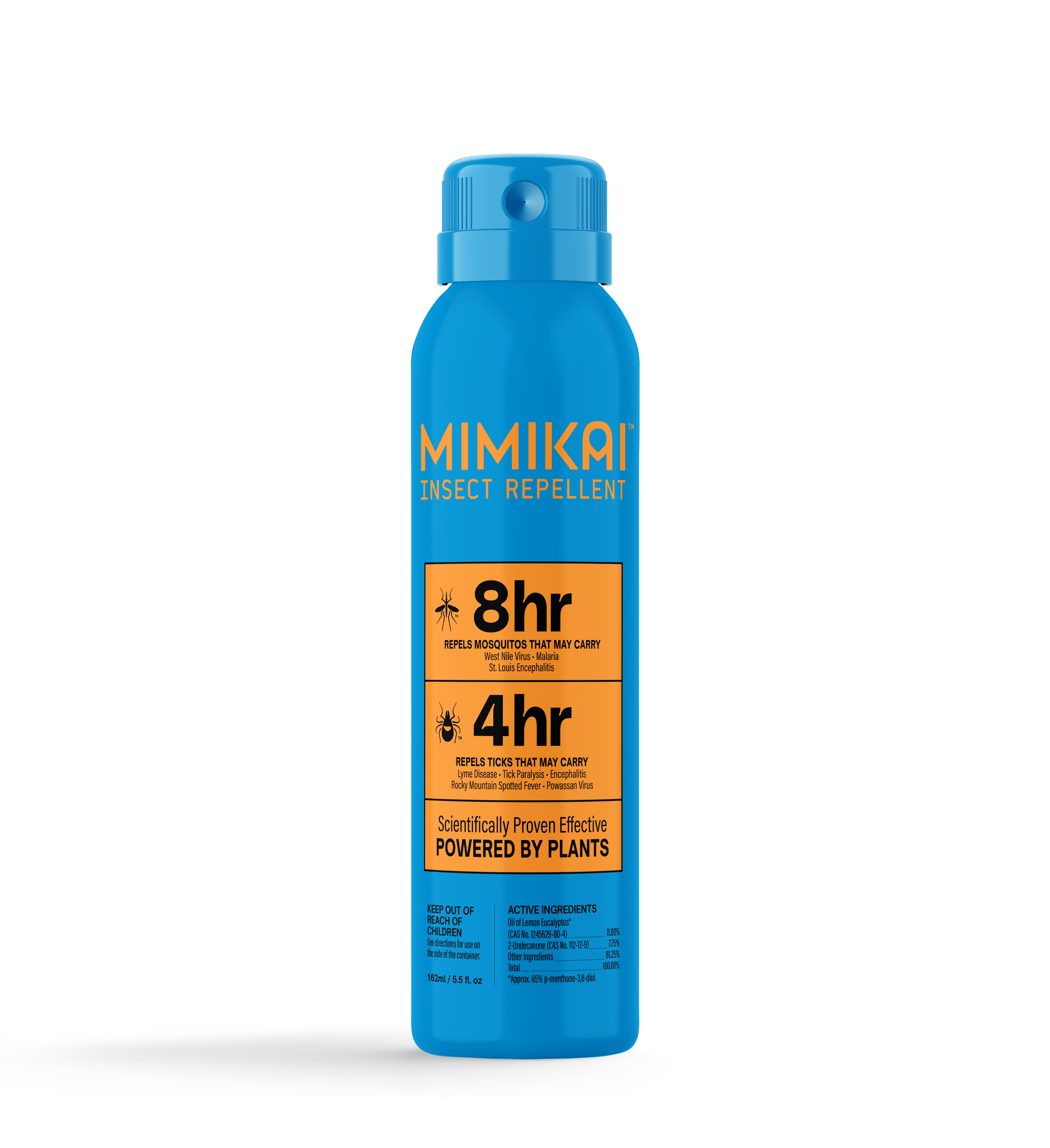 A blue can of MIMIKAI Mosquito & Tick Repellent Mist with an orange label highlights its effectiveness, stating it repels mosquitoes for 8 hours and ticks for 4 hours using scientifically proven Undecanone technology, powered by plants.