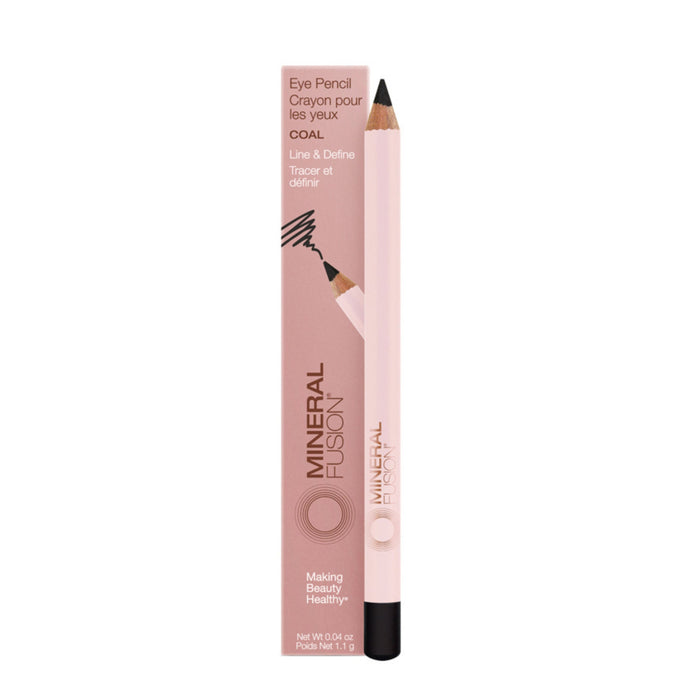 A pink Mineral Fusion Eye Pencil box labeled Eye Pencil, Coal sits beside a matching black-tipped pencil—ideal for a smokey eye. The packaging features Line & Define and Making Beauty Healthy.
