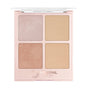 The Mineral Fusion Highlighter Palette features four shimmery pressed powders—light pink, gold, bronze, and champagne—in a square case with a clear lid for an enchanting glow.