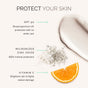 A graphic titled Protect Your Skin features MDSolarSciences Mineral Moisture Defense SPF 50, zinc oxide powder, and an orange slice, highlighting moisturizing SPF 50 UV defense, reef-safe micronized zinc oxide, and vitamin C benefits.