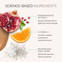 A graphic shows a pomegranate, an orange slice, and white powder labeled as pomegranate extract for UVB protection, vitamin C for collagen support, and micronized zinc oxide—key ingredients in MDSolarSciences Mineral Tinted Crème SPF 30 reef safe sunscreen.