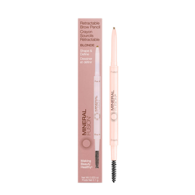 A Mineral Fusion Retractable Brow Pencil in blonde, with pale pink spoolie and pencil. The packaging shows details in English and French, while mineral pigments help create natural-looking brows.