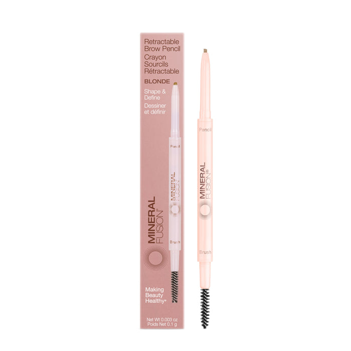 A Mineral Fusion Retractable Brow Pencil in blonde, with pale pink spoolie and pencil. The packaging shows details in English and French, while mineral pigments help create natural-looking brows.