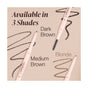 Mineral Fusion Retractable Brow Pencil is shown in three labeled shades—Dark Brown, Medium Brown, and Blonde—with matching swatches. Each pencil features mineral pigments. Text: “Available in 3 Shades.”.