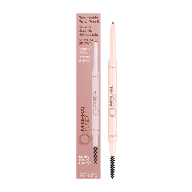 The Mineral Fusion Retractable Brow Pencil in medium brown, displayed with packaging, features a colored tip and spoolie brush for natural-looking brows. Made with mineral pigments.
