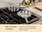 A Caraway Stainless Steel Fry Pan, 8", sits on a stovetop beside a cutting board with vegetables. Text reads: Safe, Non-Toxic Cookware—free from harmful chemicals.