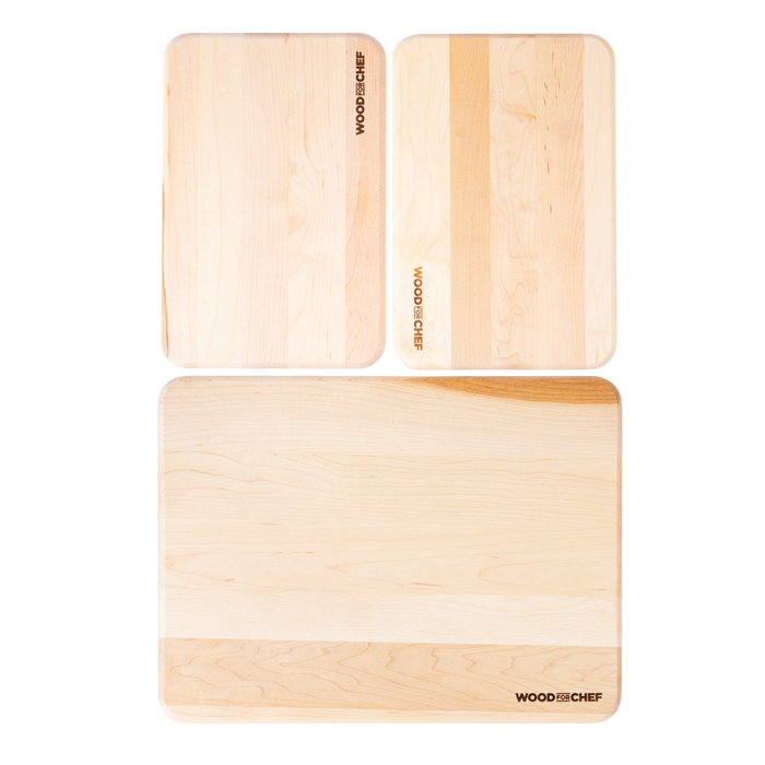 Three Mizu Minimalist Cutting Boards by WoodForChef, crafted from 100% FSC-certified maple wood, are displayed on a white background. Made in Canada, the boards showcase a light, natural grain and bear the brand's mark in one corner.