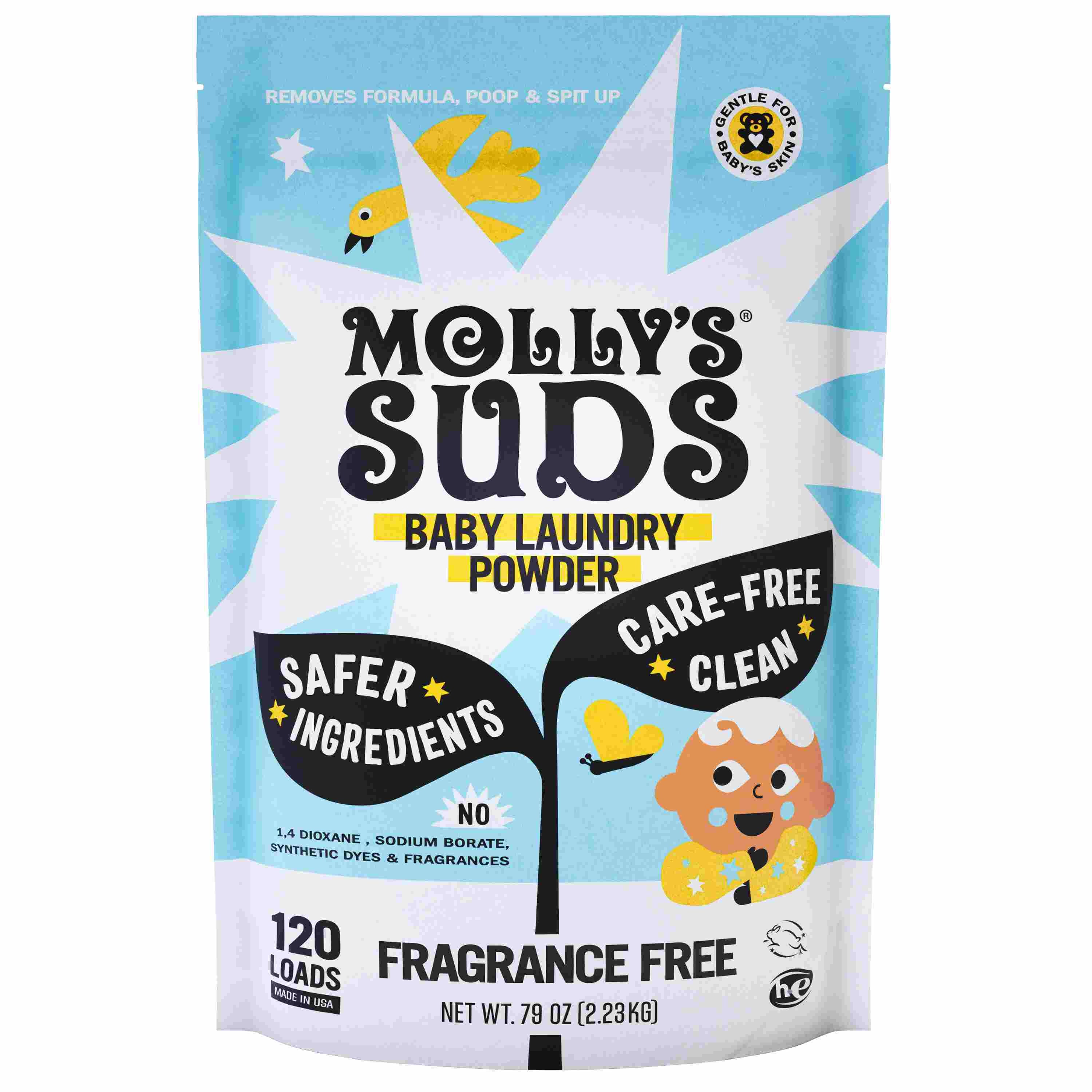 A Mollys Suds Baby Laundry Powder bag for 120 loads is bright blue and white, featuring a smiling cartoon baby and rubber duck. It highlights safer ingredients, a fragrance-free formula for sensitive skin, and ensures effective stain removal.