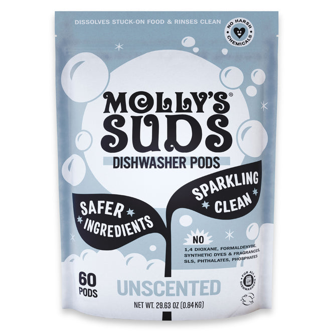 A 29.63 oz package of Molly’s Suds Dishwasher Detergent Pods, cruelty-free and unscented, with 60 pods. Promotes safer ingredients, sparkling clean dishes, and no harsh chemicals.